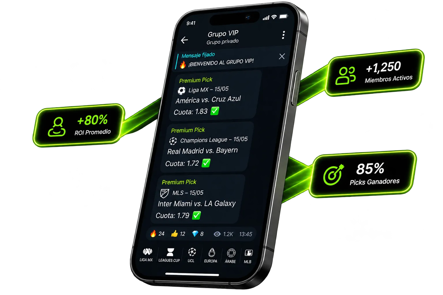 Vista del grupo privado de Telegram de NidePicks VIP con una presentación de picks deportivos