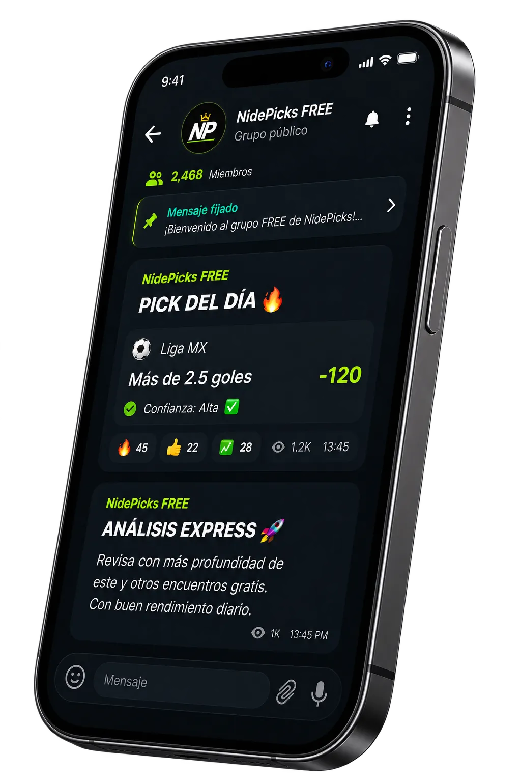 Grupo público de Telegram NidePicks FREE mostrando el pick del día en Liga MX y un análisis express, junto a un trofeo, balón de fútbol y billetes de dólar
